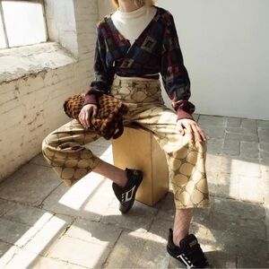 Urban Outfitters BDG High Rise Wide Leg Tennis Racket Novelty Tan Black 24 Jeans